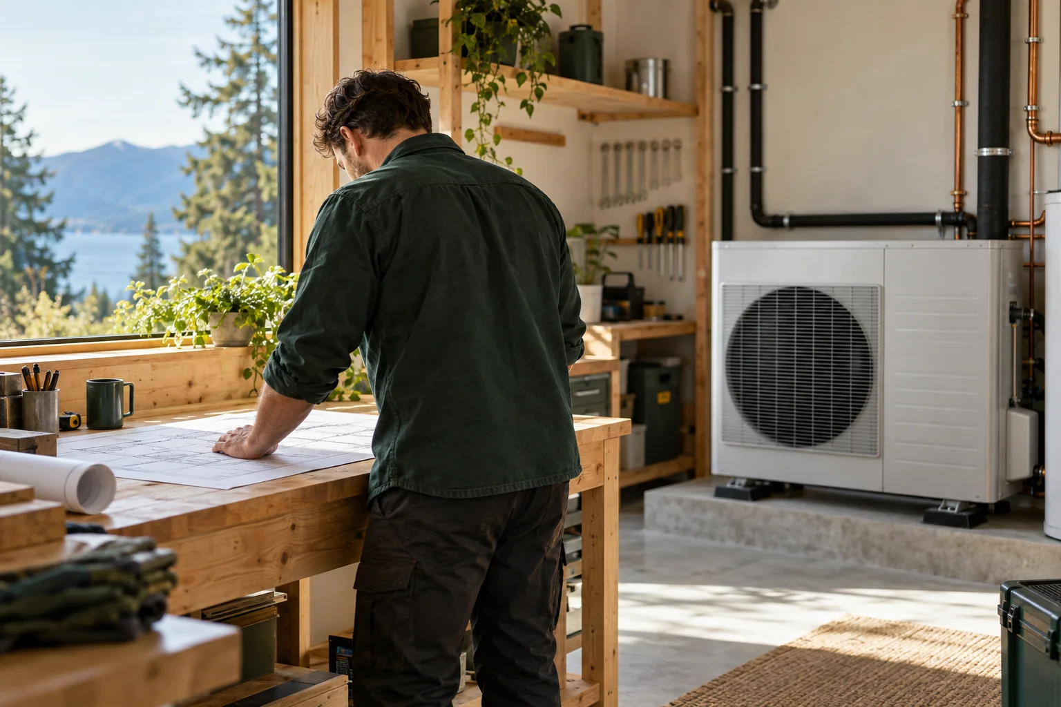 An illustrative service professional reviewing plans beside a heat pump in a sunlit workshop